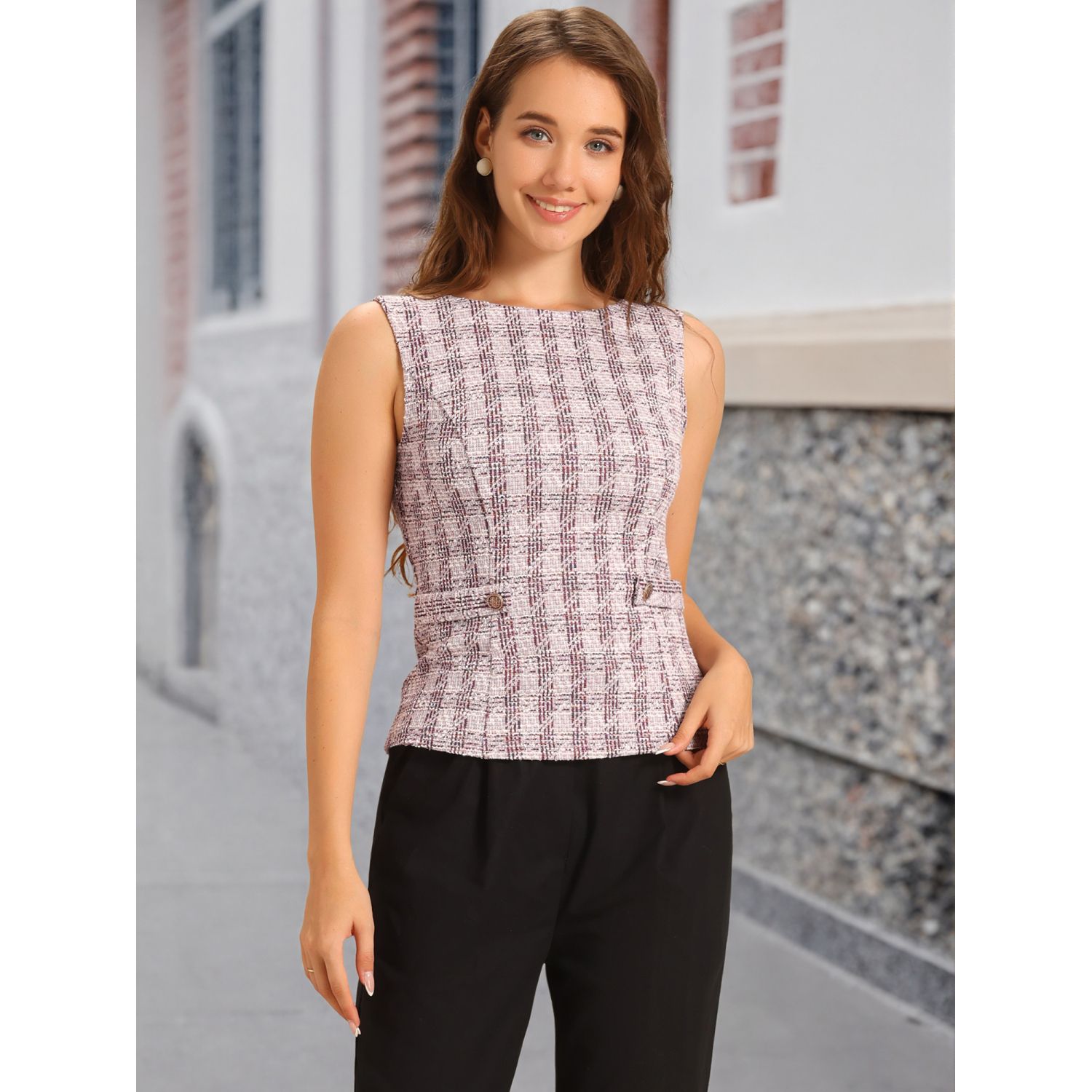 Tweed Top for Women Elegant Plaid Print Crew Neck Waist Buckle