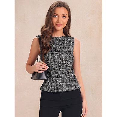 Tweed Top For Women Elegant Plaid Print Crew Neck Waist Buckle Back Zipper Blazer Vest