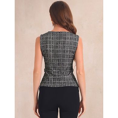 Tweed Top For Women Elegant Plaid Print Crew Neck Waist Buckle Back Zipper Blazer Vest
