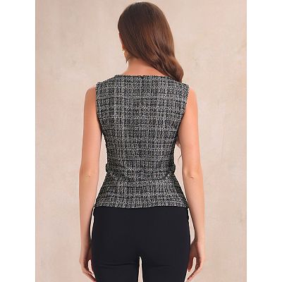 Tweed Top For Women Elegant Plaid Print Crew Neck Waist