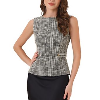 Tweed Top For Women Elegant Plaid Print Crew Neck Waist Buckle Back Zipper Blazer Vest