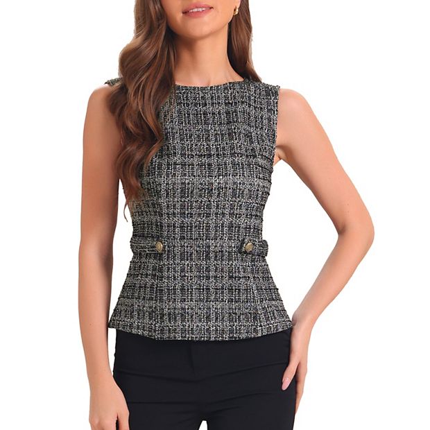 Tweed Top for Women Elegant Plaid Print Crew Neck Waist Buckle