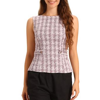 Tweed Top for Women Elegant Plaid Print Crew Neck Waist Buckle Back Zipper Blazer Vest