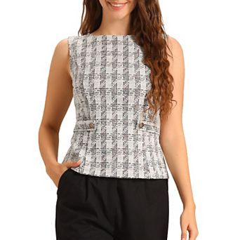 Tweed Top for Women Elegant Plaid Print Crew Neck Waist Buckle Back Zipper Blazer Vest