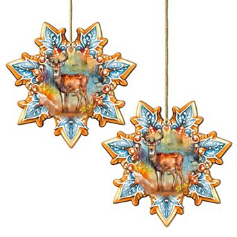 Set Of 2 - Forest Elk Snowflake Wooden Christmas Ornaments By G. Debrekht