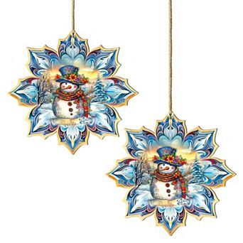 Set Of 2 - Snowman Blue Snowflake Wooden Christmas Ornaments By G. Debrekht