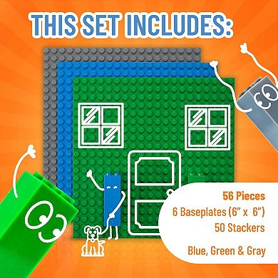 Stackable Baseplates 6x6 Inch Brik Tower - 6 Baseplates & 50 Stackers