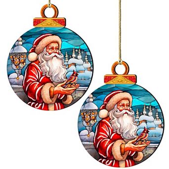 Set Of 2 - Santa With Red Cardinal Holiday Wooden Christmas Ornaments By G. Debrekht