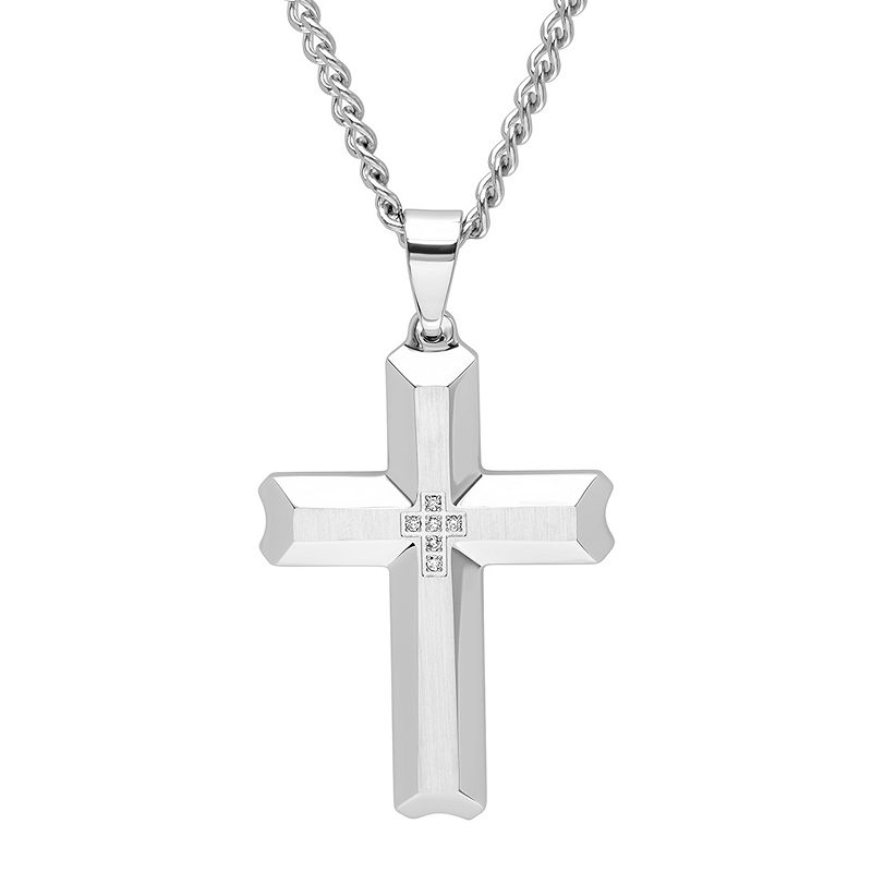Men's Jewelry Nation Stainless Steel Diamond Accent Cross Pendant Necklace, Size: 24", Stainless White