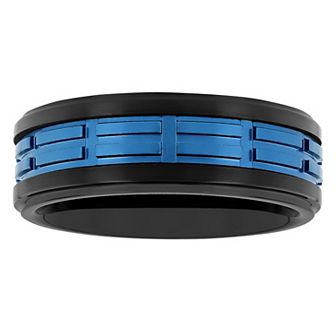 Men's Jewelry Nation Tantalum Black & Blue Ion Plated Grooved Fashion Wedding Band