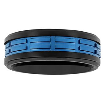 Men's Jewelry Nation Tantalum Black & Blue Ion Plated Grooved Fashion Wedding Band