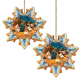 Set Of 2 - Joseph With Animals Snowflake Wooden Christmas Ornaments By G. Debrekht
