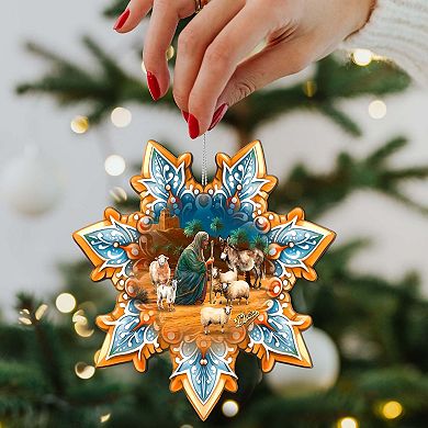 Set Of 2 - Joseph With Animals Snowflake Wooden Christmas Ornaments By G. Debrekht