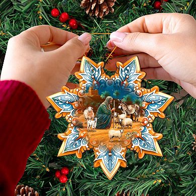 Set Of 2 - Joseph With Animals Snowflake Wooden Christmas Ornaments By G. Debrekht