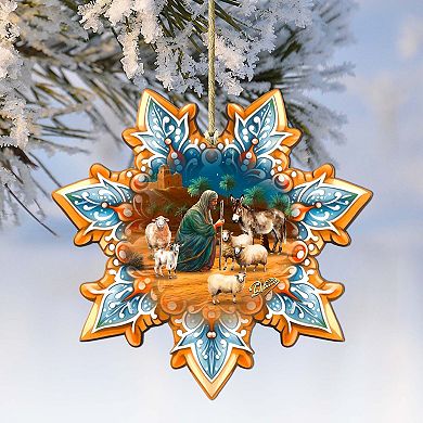 Set Of 2 - Joseph With Animals Snowflake Wooden Christmas Ornaments By G. Debrekht