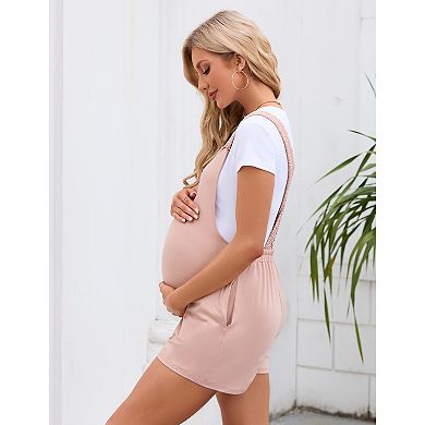 Women's Maternity Overall Shorts Casual Sleeveless Rompers Loose Strap Shorts Jumpsuit with Pockets