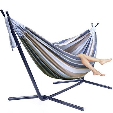 Sorbus Striped Double Hammock With Steel Stand and Carrying Case
