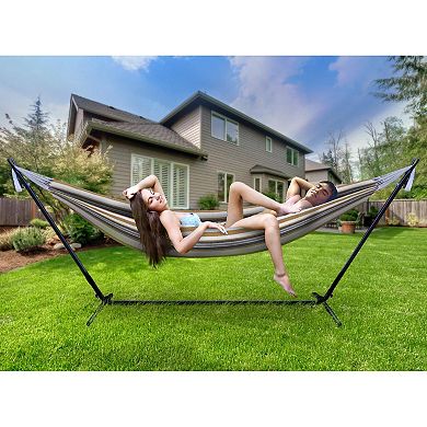 Sorbus Striped Double Hammock With Steel Stand and Carrying Case