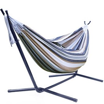 Sorbus Striped Double Hammock With Steel Stand and Carrying Case
