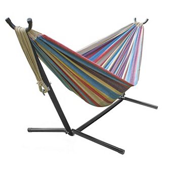 Sorbus Striped Double Hammock With Steel Stand and Carrying Case