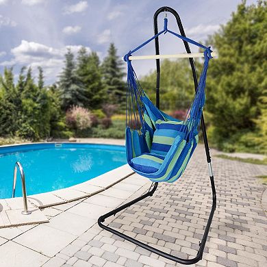 Sorbus Hanging Rope Hammock Chair Swing Seat and Cushions Set - Blue and Green