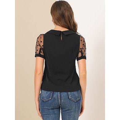 2 Packs Women's Peter Pan Collar Top Short Sleeve Vintage Polka Dots Mesh Sleeve Blouses