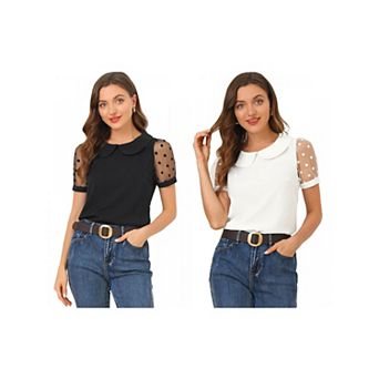 2 Packs Women's Peter Pan Collar Top Short Sleeve Vintage Polka Dots Mesh Sleeve Blouses