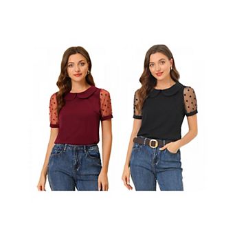 2 Packs Women's Peter Pan Collar Top Short Sleeve Vintage Polka Dots Mesh Sleeve Blouses