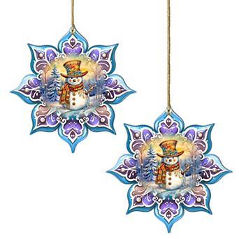 Set Of 2 - Snowman Purple Snowflake Wooden Christmas Ornaments By G. Debrekht