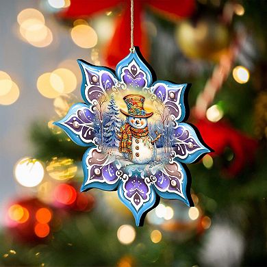 Set Of 2 - Snowman Purple Snowflake Wooden Christmas Ornaments By G. Debrekht