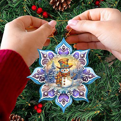 Set Of 2 - Snowman Purple Snowflake Wooden Christmas Ornaments By G. Debrekht