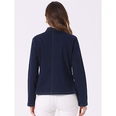 Denim Blazer For Women's Collarless Open Front Jeans Cardigan