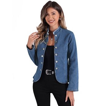 Denim Blazer For Women's Collarless Open Front Jeans Cardigan