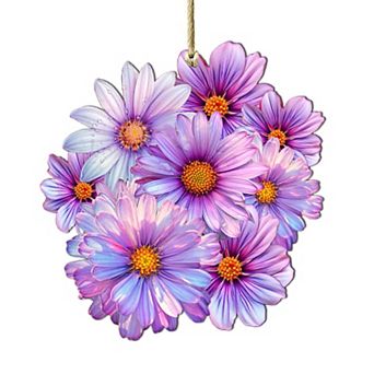 Set Of 2 - Purple Flowers Wooden Christmas Ornaments By G. Debrekht