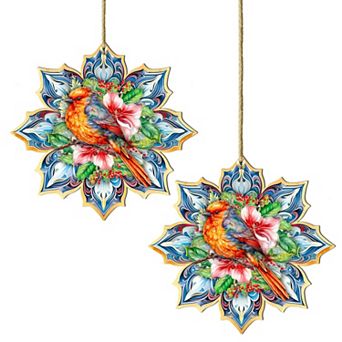 Set Of 2 - Forest Bird Snowflake Wooden Christmas Ornaments By G. Debrekht