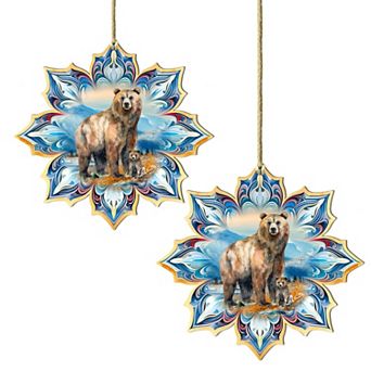 Set Of 2 - Brown Bear Snowflake Wooden Christmas Ornaments By G. Debrekht