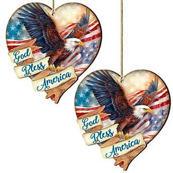Set Of 2 - God Bless America Patriotic Eagle Heart Wooden Christmas Ornaments By G.debrekht