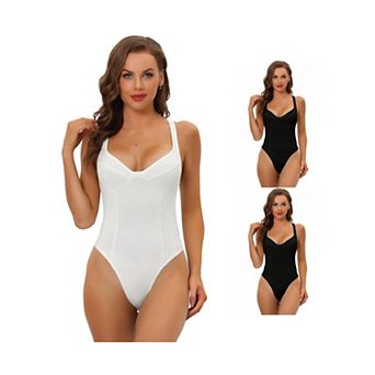 3 Packs Women's Deep V Neck Tummy Control Full Leotard Jumpsuits