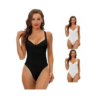 3 Packs Women's Deep V Neck Tummy Control Full Leotard Jumpsuits