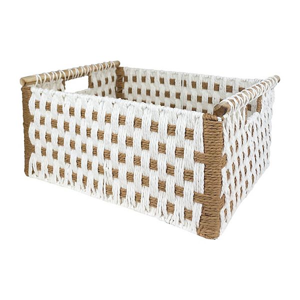 Belle Maison White & Brown Accented Paper Weave Basket with Wooden Handles - White (X LARGE)