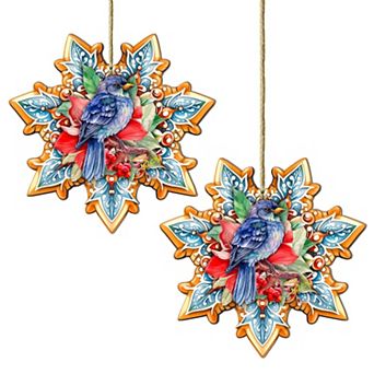 Set Of 2 - Blue Bird Snowflake Wooden Christmas Ornaments By G. Debrekht