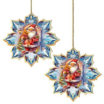 Set Of 2 - Santa With Gifts Snowflake Wooden Christmas Ornaments By G. Debrekht