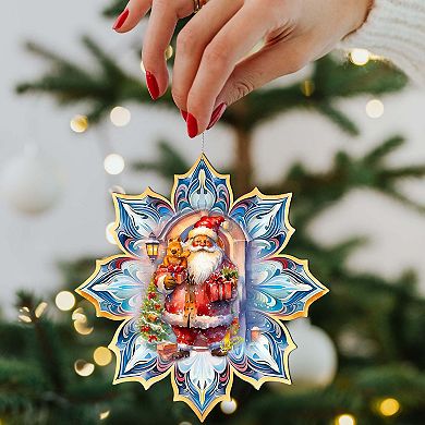 Set Of 2 - Santa With Gifts Snowflake Wooden Christmas Ornaments By G. Debrekht