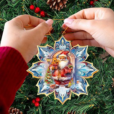 Set Of 2 - Santa With Gifts Snowflake Wooden Christmas Ornaments By G. Debrekht
