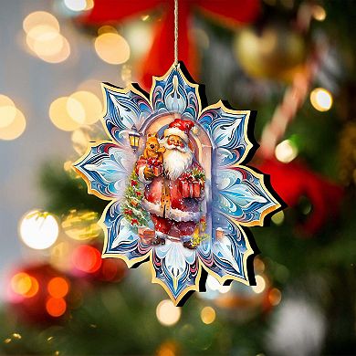 Set Of 2 - Santa With Gifts Snowflake Wooden Christmas Ornaments By G. Debrekht