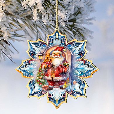 Set Of 2 - Santa With Gifts Snowflake Wooden Christmas Ornaments By G. Debrekht
