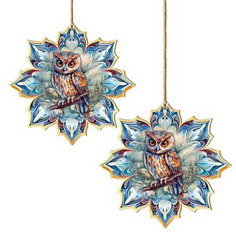 Set Of 2 - Great Horned Owl Snowflake Wooden Christmas Ornaments By G. Debrekht