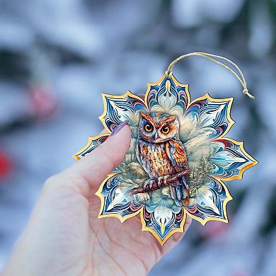 Set Of 2 - Great Horned Owl Snowflake Wooden Christmas Ornaments By G. Debrekht