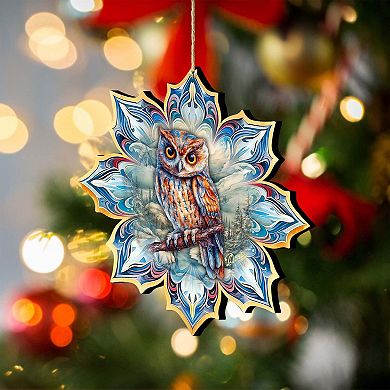 Set Of 2 - Great Horned Owl Snowflake Wooden Christmas Ornaments By G. Debrekht