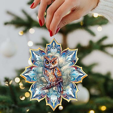Set Of 2 - Great Horned Owl Snowflake Wooden Christmas Ornaments By G. Debrekht